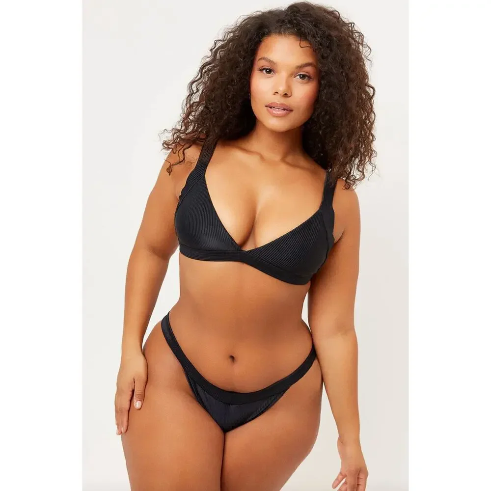 Frankies Bikinis Grace Cheeky Bikini Bottom - Black RIbbed - L - NWT